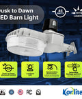 45W Dusk to Dawn Outdoor Light With Adjustable Wattage 18 27 36 45W And 3000K 4000K 5000K LED Color Temps Seriously Bright 5800 Lumens Security Flood Light For Yard Barn Street UL Listed on blue background with control icons