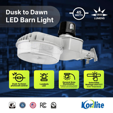 45W Dusk to Dawn Outdoor Light With Adjustable Wattage 18 27 36 45W And 3000K 4000K 5000K LED Color Temps Seriously Bright 5800 Lumens Security Flood Light For Yard Barn Street UL Listed on blue background with control icons