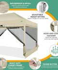 10 By 15 Heavy Duty Pop Up Canopy With Four Sidewalls And Mosquito Netting Easy Up Screen Tent For Outdoor Parties And Weddings Backyard Barbecues Weatherproof Sunshade Gazebo In Khaki With Carry Bag, showing frame and sidewall attachment features.