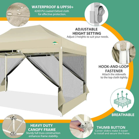 10 By 15 Heavy Duty Pop Up Canopy With Four Sidewalls And Mosquito Netting Easy Up Screen Tent For Outdoor Parties And Weddings Backyard Barbecues Weatherproof Sunshade Gazebo In Khaki With Carry Bag, showing frame and sidewall attachment features.