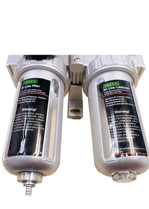 Front view of 1/4 Inch NPT Air Filter Regulator Lubricator FRL All In One Combo with visible water and oil trap separator.