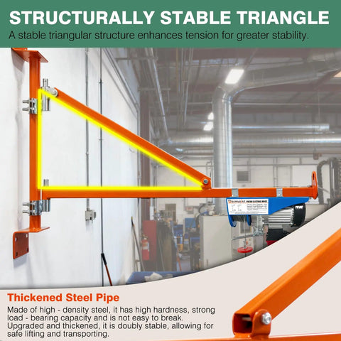 Heavy Duty Wall Mount Jib Crane Hoist Support Arm With 180 Degree Swinging Electric Scaffolding Lift Bracket All Steel Construction 660 Lbs Capacity For Industrial Garage Workshop Use Durable Steel Pole Holder, showing structurally stable triangular support.