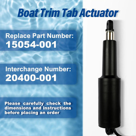 Plug And Play Boat Trim Tab Actuator Kit for Lenco 15054-001 and 20400-001, OEM style replacement, shown against water background.
