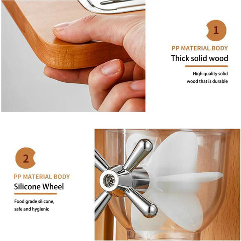 Rock Solid Three Barrel Grain Dispenser For The Kitchen Counter With Smooth Pour Valves And Sturdy Sapelli Wood Base holds a thick solid wood top and silicone wheel.