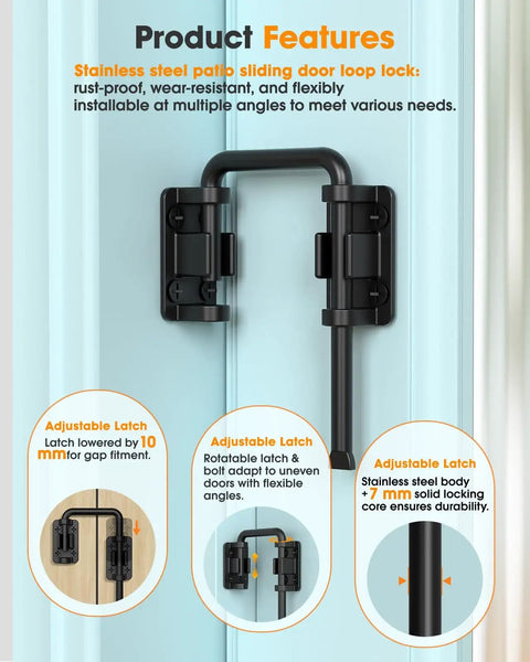 2.36 Inch U Patio Sliding Door Loop Lock Latch Stainless Steel Home Security Loop Bolt Lock black installed on door