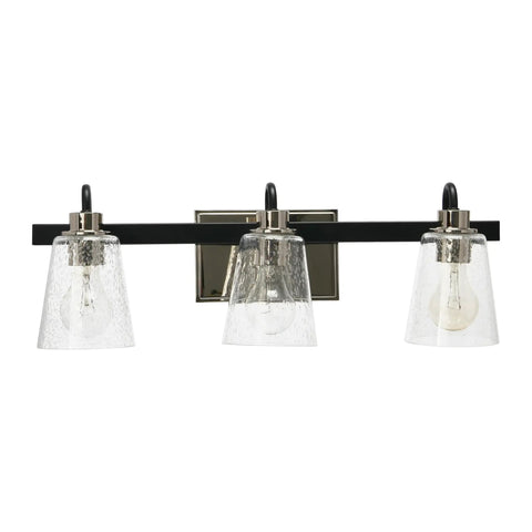 Three Light Vanity Fixture With Seeded Glass Diffusers Matte Black Finish With Polished Nickel Accents front view