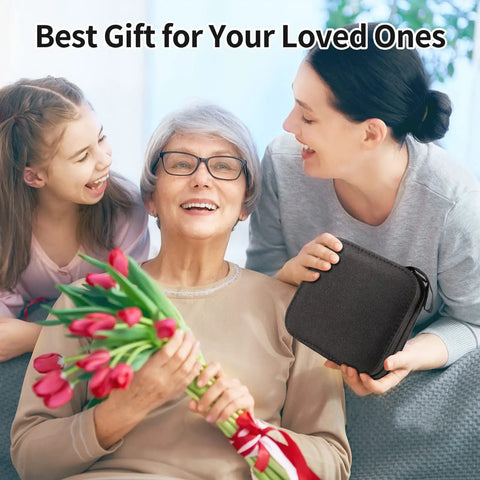 All In One Travel Sewing Kit for Beginners and Adults with Scissors being gifted to a woman by family with bouquet of tulips