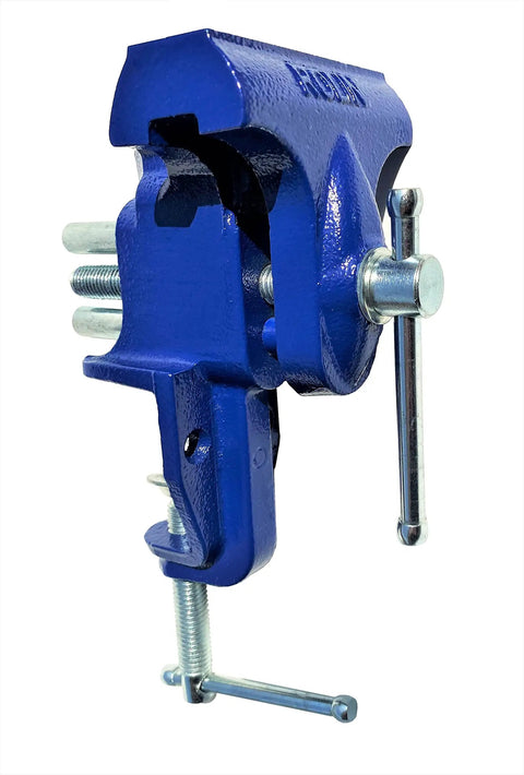 Handy 3 Inch Woodworking Vise Clamp For Home Shop Portable Table Vise with Easy Clamp On Steel Slide Rail Blue Finish side view