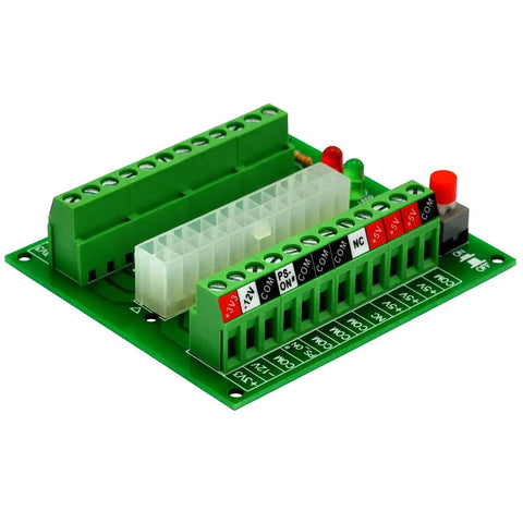 24-20 Pin ATX DC Power Supply Breakout Board Module with Standby and Power LEDs, showing terminal blocks and headers.