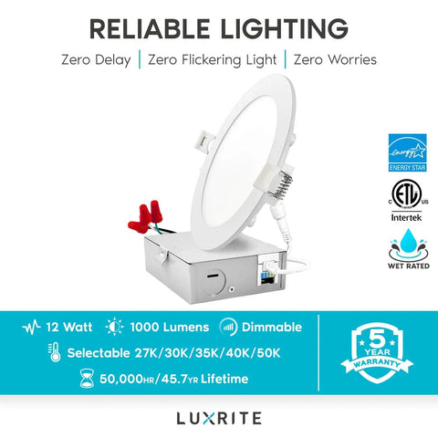 6 Inch Ultra Thin LED Recessed Light With J-Box 12W Color Temperature Selectable 2700K To 5000K Dimmable Wafer Light 1000 Lumens