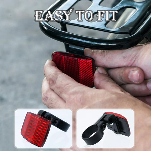 Person attaching rear red reflector from Six Pack Bike Reflectors Front And Rear With Wheel Spoke Brackets to bike seat post.