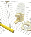 No Mess No Fuss Bird Water Dispenser And Food Feeder Set With Heavy Duty Perch Pole For Parrot Cage Accessories, featuring clear water bottle and feeder.