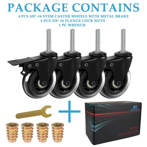 Three Inch Stem Caster Wheels With Safety Dual Locking And Heavy Duty Threaded Stem Three Eighths By Sixteen Inches By One Point Five Inches, No Noise Swivel Rubber Castors With Sleeve For Industrial Furniture Projects And Moving Set Of Four, including accessories.