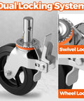 Set Of Four 8 Inch Workhorse Scaffolding Wheels With 1 3/8 Inch Solid Stem Providing 1100 Lb Load Rating Each Feature Dual Locking Pins For Rugged Jobsite Mobility showing locking mechanism.