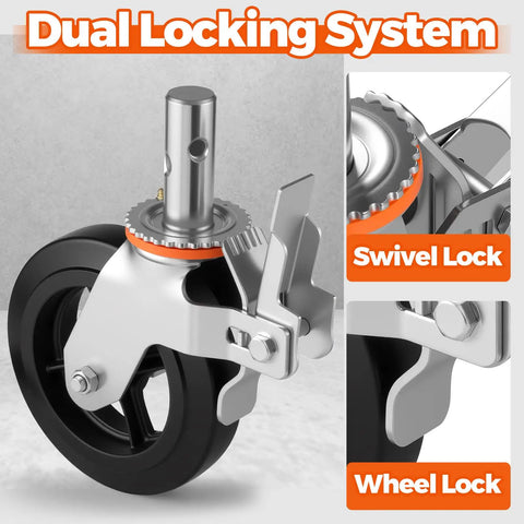 Set Of Four 8 Inch Workhorse Scaffolding Wheels With 1 3/8 Inch Solid Stem Providing 1100 Lb Load Rating Each Feature Dual Locking Pins For Rugged Jobsite Mobility showing locking mechanism.
