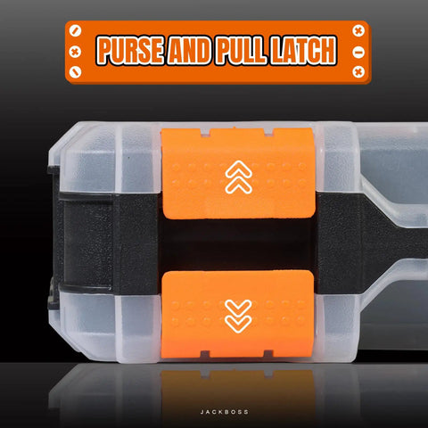 Close-up of orange latch on Heavy Duty Tool Box With Clear Lid Dual Side 34 Compartment Organizer Removable Dividers.