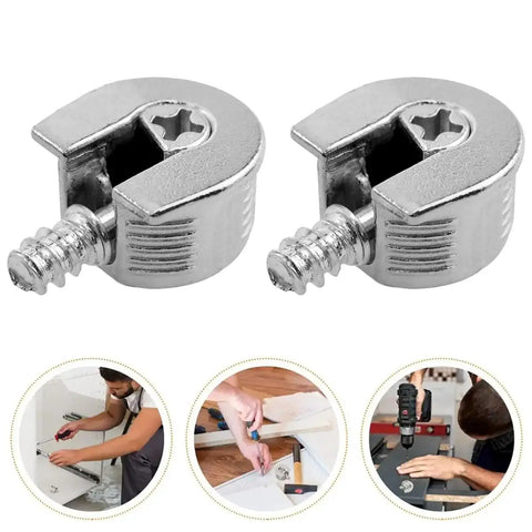 Top Rated Thread Cam Lock Cabinet Shelf Brackets With Tight Grip Stud Pins Silver Finish For Wooden Furniture And Closet Doors Built Tough Hardware Heavy Duty Hold Pack Of Ten close up of two silver zinc alloy cam lock brackets.