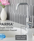 Chrome Bathroom Sink Faucet With Single Handle Side Lever One Hole Installation Durable Brass Construction Metal Touch Down Drain Sleek Arch Spout For Modern Vanity next to a flower vase on a modern countertop.