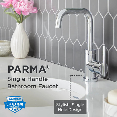 Chrome Bathroom Sink Faucet With Single Handle Side Lever One Hole Installation Durable Brass Construction Metal Touch Down Drain Sleek Arch Spout For Modern Vanity next to a flower vase on a modern countertop.