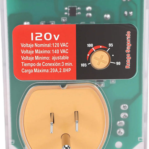 Heavy Duty Automatic Voltage Protector With Over And Under Voltage Cutoff Surge Shield For Fridge And AC And Home Electronics showing voltage specifications and plug design.