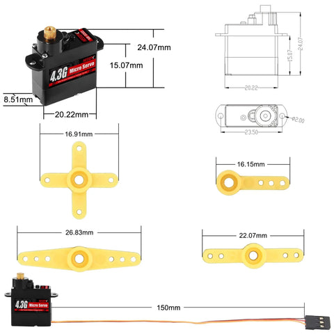 Diagram of 4.3G Micro Servo Motor With Metal Gear For RC Cars Planes Helicopters Arduino Projects, dimensions shown, pack of 4 sets