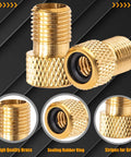 Brass Presta To Schrader Valve Adapter For Bikes Converting Presta To Schrader Lets You Inflate Your Bike Tires With Any Standard Pump Or Air Compressor Includes 2 Black Reticulated Tire Valve Caps, featuring textured brass adapters with rubber seal.
