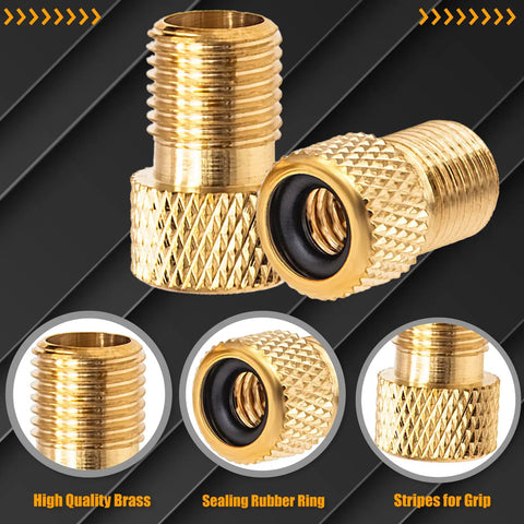 Brass Presta To Schrader Valve Adapter For Bikes Converting Presta To Schrader Lets You Inflate Your Bike Tires With Any Standard Pump Or Air Compressor Includes 2 Black Reticulated Tire Valve Caps, featuring textured brass adapters with rubber seal.