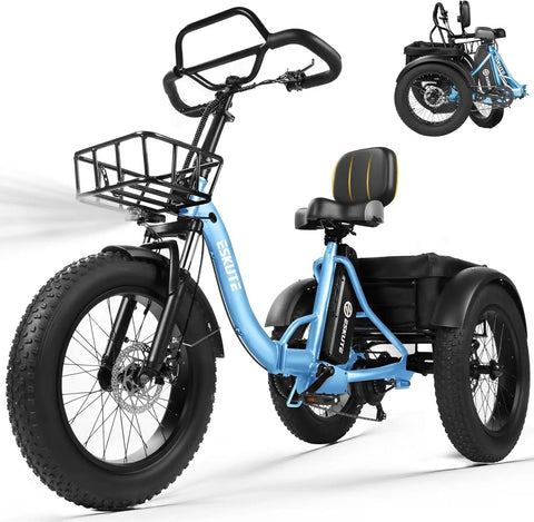 Dope Electric Trike For Adults With 998.4Wh Long Range Battery, 1200W Peak Motor, Foldable Three-Wheel Frame, Butterfly Handlebar For Upright Comfort, 20x4.0 Fat Tires, Storage Bags, Blue, front view