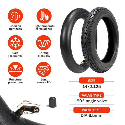 14x2.125 Inch Tire And Tube Set For 57-254 E-Bike Replacement Tires Pack Of 2 Sets With Non Slip Deep Tread To Beef Up Your Ride Fits Folding Electric Bikes E Trikes Scooters And 14 Inch Wheel Applications, with 90° valve