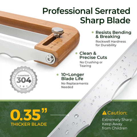 Adjustable Bread Knife With Precision Thickness Guide featuring serrated stainless blade and bamboo handle