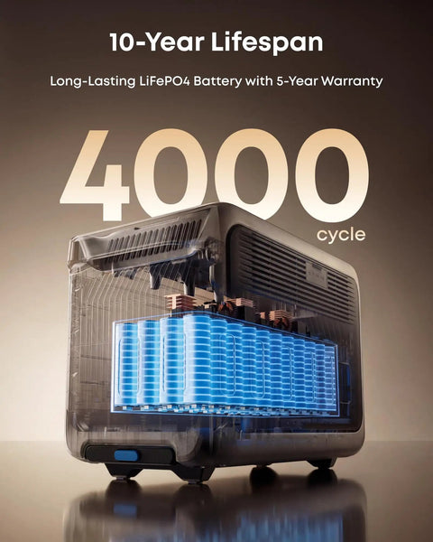 SOLIX F3000 Portable Power Station with 3072Wh Battery and 6000W Recharging showing 10-year lifespan and 4000 cycles