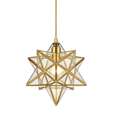 Modern Gold Moravian Star Pendant Light With Clear Glass Shade, 11 Inch, Adjustable 47.2 Inch Brass Wire, Living Room Decor