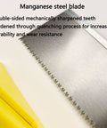 Close-up of Pro Grade Miter Box And Saw Set For Wood And Gypsum, showing manganese steel blade with sharp teeth.