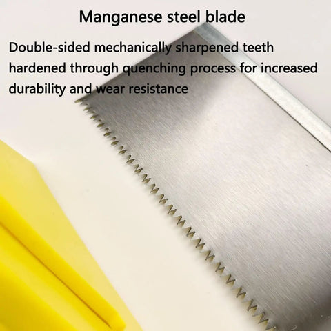 Close-up of Pro Grade Miter Box And Saw Set For Wood And Gypsum, showing manganese steel blade with sharp teeth.