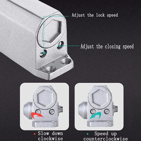 Light Commercial Aluminum Door Closer With Soft Close showing lock speed and closing speed adjustments