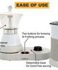 Three Cup Electric Moka Pot With Built In Milk Frother For Barista Style Espresso At Home Cappuccino Latte Mocha White Coffee Maker Perfect For Cuban Coffee Lovers And Quick Morning Shots shown with detachable base and frothing buttons.