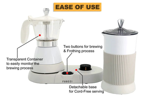 Three Cup Electric Moka Pot With Built In Milk Frother For Barista Style Espresso At Home Cappuccino Latte Mocha White Coffee Maker Perfect For Cuban Coffee Lovers And Quick Morning Shots shown with detachable base and frothing buttons.