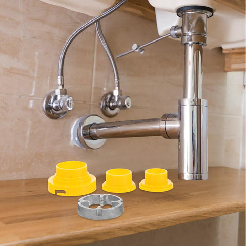 Professional Electric Pipe Threader Kit For Pvc Plastic Pipes with yellow and metal fittings under a sink.