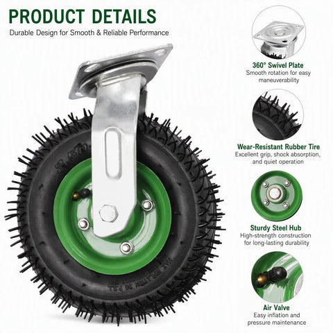 Heavy Duty 8 Inch Pneumatic Wheel Casters Set Of 4 With Thick Rubber Tires And Built Tough Galvanized Brackets Delivering Zero Noise Swivel And Rigid Motion For Smooth Cart Rolling showing a detailed wheel with sturdy steel hub.
