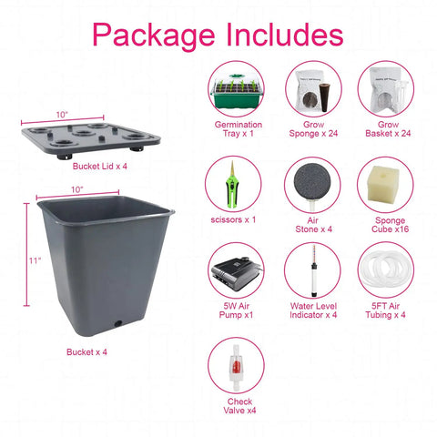 4 Bucket Hydroponics Kit With Air Pump And Germination Tray, DWC System For Indoor Plant Growing package contents displayed