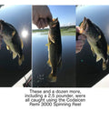 Hand holding a bass caught with Open Face Spinning Reel For Freshwater Fishing, 5.2:1 Gear Ratio, Ultra Smooth 10 Ball Bearings, Long Casting Distance For Bass And Inshore Species, Solid And Budget Friendly Performance For Anglers, Veteran Owned.