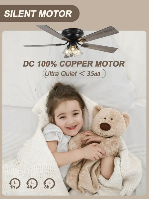 52 Inch Flush Mount Farmhouse Ceiling Fan With Remote And Reversible Wood Blades brings cool airflow and warm lighting to a cozy child’s room.