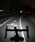 Night cycling view with Lumina Micro 900 Front Bike Light and Vmax Plus 150 Rear Light USB Rechargeable Combo illuminating road