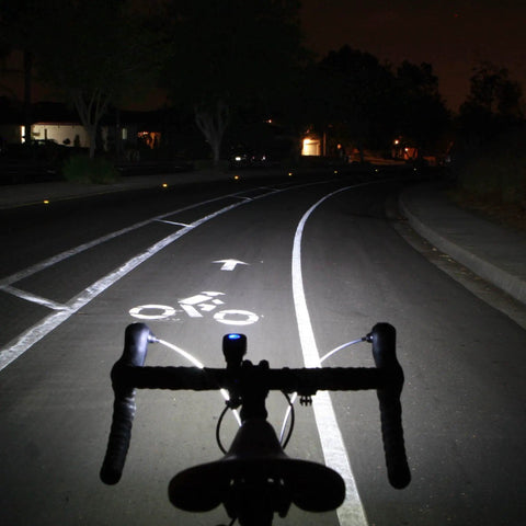 Night cycling view with Lumina Micro 900 Front Bike Light and Vmax Plus 150 Rear Light USB Rechargeable Combo illuminating road