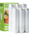 Six rolls of Premium Vacuum Sealer Bags 6 Pack With 3 Rolls 11x20 And 3 Rolls 8x20 BPA Free in front of packaging.
