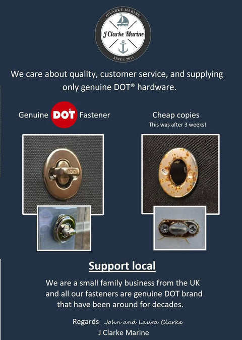 Comparison of genuine DOT fastener and cheap copies by J Clarke Marine business poster.