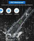 Crazy Bright Rechargeable LED Flashlight With Up To 100000 Lumens Zoomable Beam Six Light Modes 24 Hour Battery Life IP67 Water Resistant