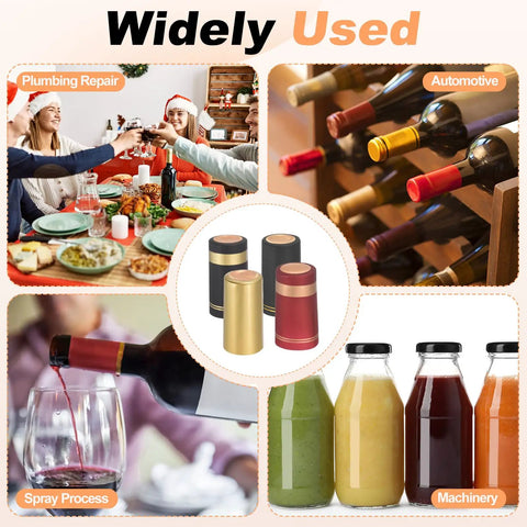 Top Shelf PVC Heat Shrink Bottle Caps Gold 30X60mm Size 50 Pack displayed with wine bottles and drinks at a festive table.