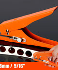 Heavy Duty Kickass Hole Punch Pliers For Adjustable Screw Covers And Edge Banding With Precision Limit Drill Bit For Leather PVC And Thick Paper Projects, 8mm size, orange handle.