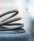 Braided USB-A to USB-C charging cable, black nylon exterior, close-up view